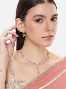 Estele - Shiny Gold Finish Graceful Lightweight American Diamond Necklace & Pair of Earrings
