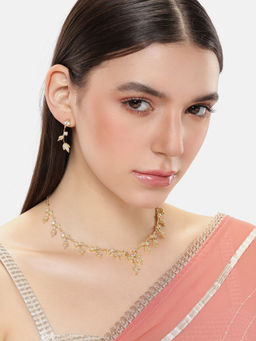 Estele - Rhodium Finish Lightweight American Diamond Necklace with Polished & Pair of Earrings