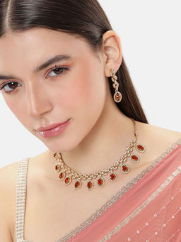 Estele - Rosegold Finish Graceful Lightweight Ruby American Diamond Necklace & Pair of Earrings
