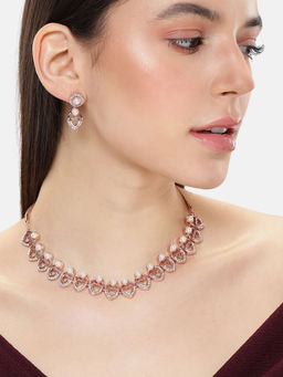 Estele - Rosegold Finish White American Diamond Heart Design Necklace & Pair of Earrings