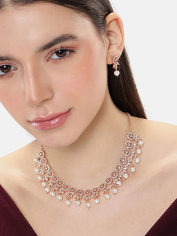 Estele - Rosegold Finish Premium Lightweight American Diamond Necklace & Pair of Earrings