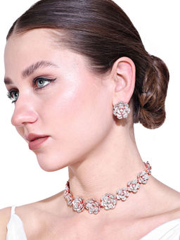 Estele - Rosegold Plated Sparkling White Austrian Crystals Rose Motif Necklace & Pair of Earrings
