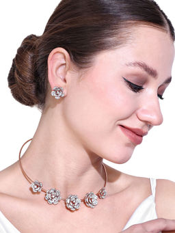 Estele - Luxurious Rosegold Finish American Diamond Floral Rose Necklace & Pair of Earrings