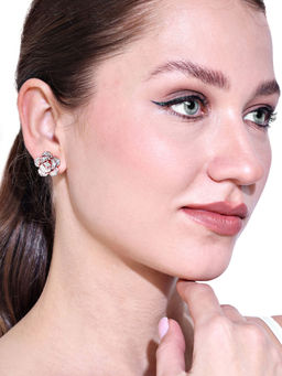 Estele - Premium Rosegold Plated with White Crystals Floral Rose Stud Earrings