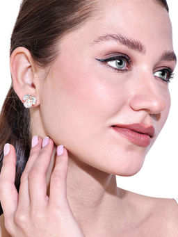 Estele - Luxurious Rosegold-Finish Floral Rose Stud Earrings with White Crystals