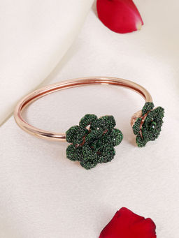 Estele - Green American Diamond Rose Motif Cuff Bracelet with Rosegold Finish