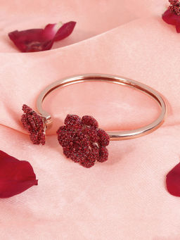 Estele - Rose Gold Plated Floral Rose Motif Cuff Bracelet with Ruby Red Stones