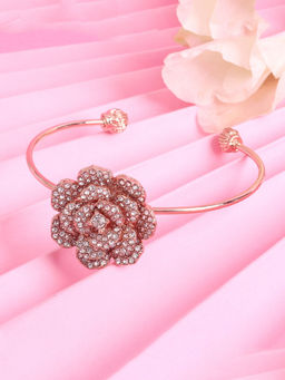 Estele - Luxurious Rosegold-Plated Rose Motif Cuff Bracelet with Floral Charms