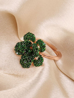 Estele - Rosegold Finish Green American Diamond Adjustable Rose Motif Ring