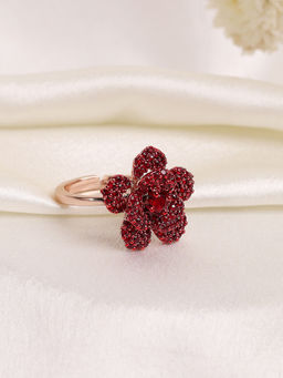 Estele - Rosegold Finish Ruby Red American Diamond Adjustable Rose Ring