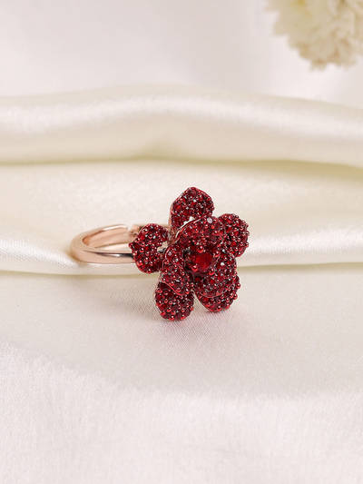 Rosegold Finish Ruby Red American Diamond Adjustable Rose Ring