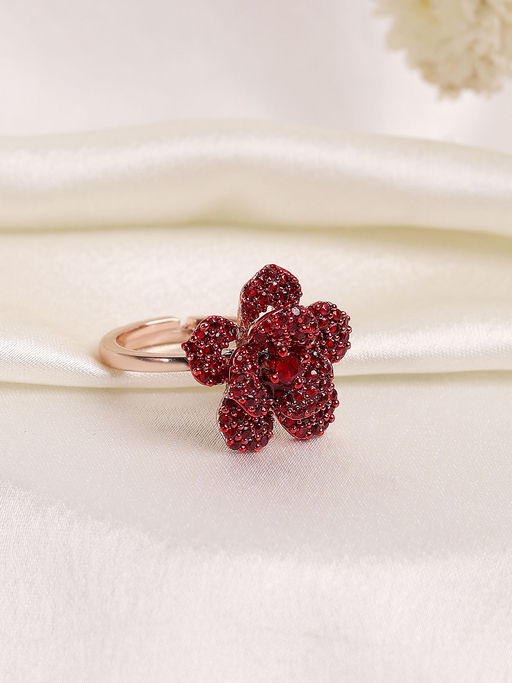 Estele Rosegold Finish Ruby Red American Diamond Adjustable Rose Ring