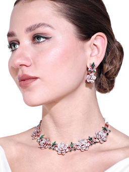 Estele - Rosegold Finish Green and White American Diamond Floral Rose Necklace & Pair of Earrings