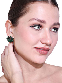 Estele - Premium Rosegold Finish Green American Diamond Floral Rose Stud Earrings