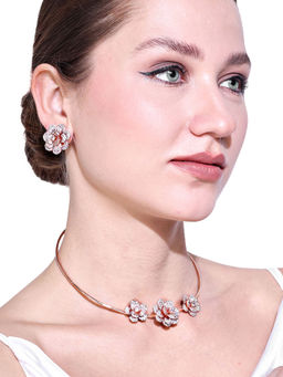 Estele - Luxurious Rosegold Finish American Diamond Floral Rose Necklace & Pair of Earrings