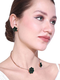 Estele - Premium Rosegold Finish Green American Diamond Rose Motif Necklace Ser & Pair of Earrings