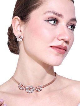 Estele - Premium Rosegold Finish White American Diamond Rose Motif Necklace & Pair of Earrings