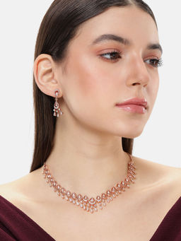 Estele - Exclusive Rose Gold Plated American Diamond Lightweight Necklace & Pair of Earrings