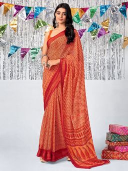 Odette - Womens Georgette Orange Printed Saree with Unstitched Blouse