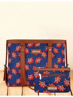 FLYING BERRY - Blue Ethnic Floral Print Handcrafted Shoulder Laptop Bag Combo with Pouch