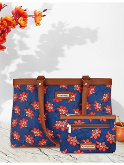 FLYING BERRY - Blue Ethnic Floral Print Shoulder Laptop Bag Combo with Pouch