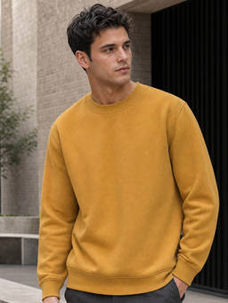 Nobero - Men Mustard Solid/Plain Cotton Fleece Sweatshirt