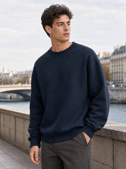 Nobero - Men Navy Blue Solid/Plain Cotton Fleece Sweatshirt