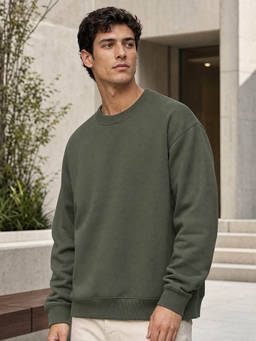 Nobero - Men Green Solid/Plain Cotton Fleece Sweatshirt