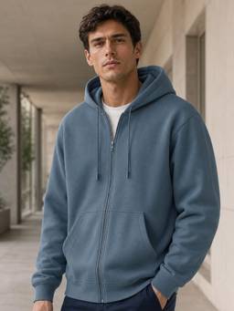 Nobero - Men Blue Solid/Plain Cotton Fleece Jacket