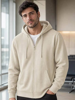 Nobero - Men White Solid/Plain Cotton Fleece Jacket