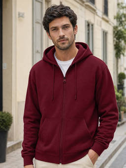 Nobero - Men Red Solid/Plain Cotton Fleece Jacket
