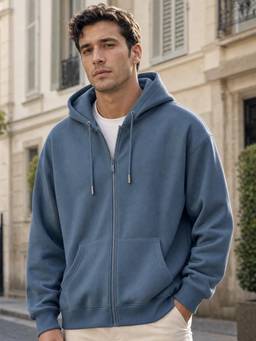Nobero - Men Blue Solid/Plain Cotton Fleece Jacket