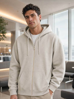 Nobero - Men White Solid/Plain Cotton Fleece Jacket