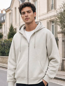 Nobero - Men White Solid/Plain Cotton Fleece Jacket