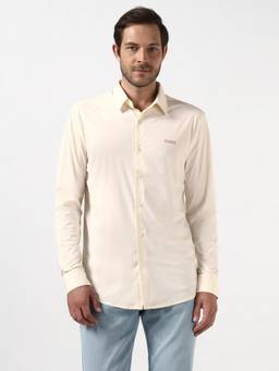 Guess - Men Cream Solid/Plain Polyester Blend Shirt