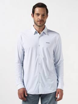 Guess - Men Blue Solid/Plain Polyester Blend Shirt