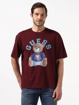 Guess - Men Maroon Printed Organic Cotton T-Shirt