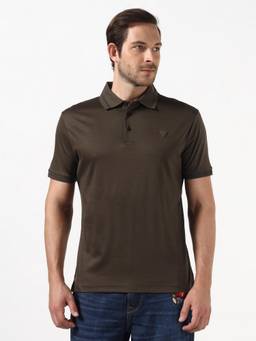 Guess - Men Brown Solid/Plain Pure Cotton Polo T-Shirt