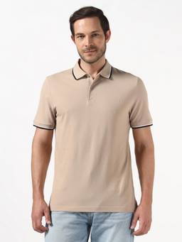 Guess - Men Beige Solid/Plain Organic Cotton Polo T-Shirt