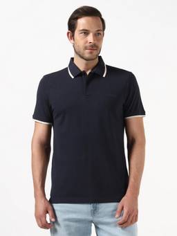 Guess - Men Blue Solid/Plain Organic Cotton Polo T-Shirt