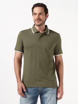 Guess - Men Olive Solid/Plain Organic Cotton Polo T-Shirt