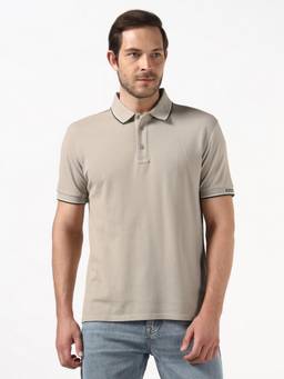 Guess - Men Beige Solid/Plain Organic Cotton Polo T-Shirt