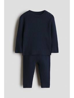 H&M - Boys Navy Blue 2-Piece Wide-Rib Cotton Jumper And Trouser