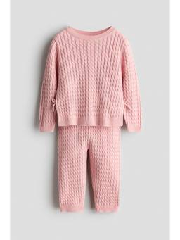 H&M - Girls Pink 2-Piece Cable-Knit Cotton Jumper And Trouser