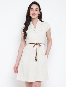 Latin Quarters - Beige Cape Sleeves Solid Linen Dress