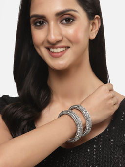 ZENEME - Silver Plated Oxidised Textured Bangles for Women (Pack of 4)