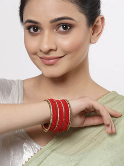 ZENEME - Gold-Plated CZ Studded Red Velvet Bangles for Women (Pack of 18)