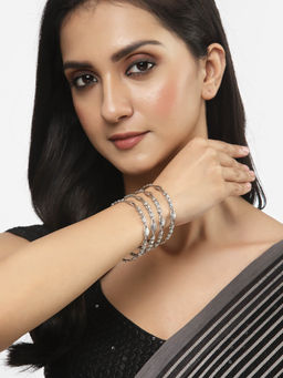 ZENEME - Silver Plated Oxidised CZ Studded Bangles for Women (Pack of 4)