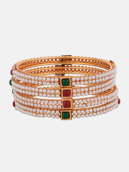 ZENEME - Gold-Plated Pearls With Cubic Zirconia Studded Bangles (Set of 4)