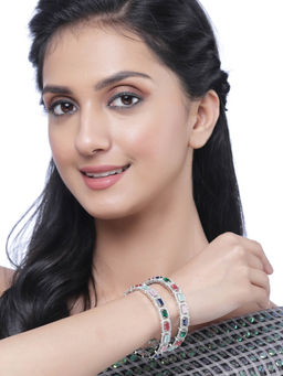 ZENEME - Rhodium-Plated Silver Toned American Diamond Studded Bangles